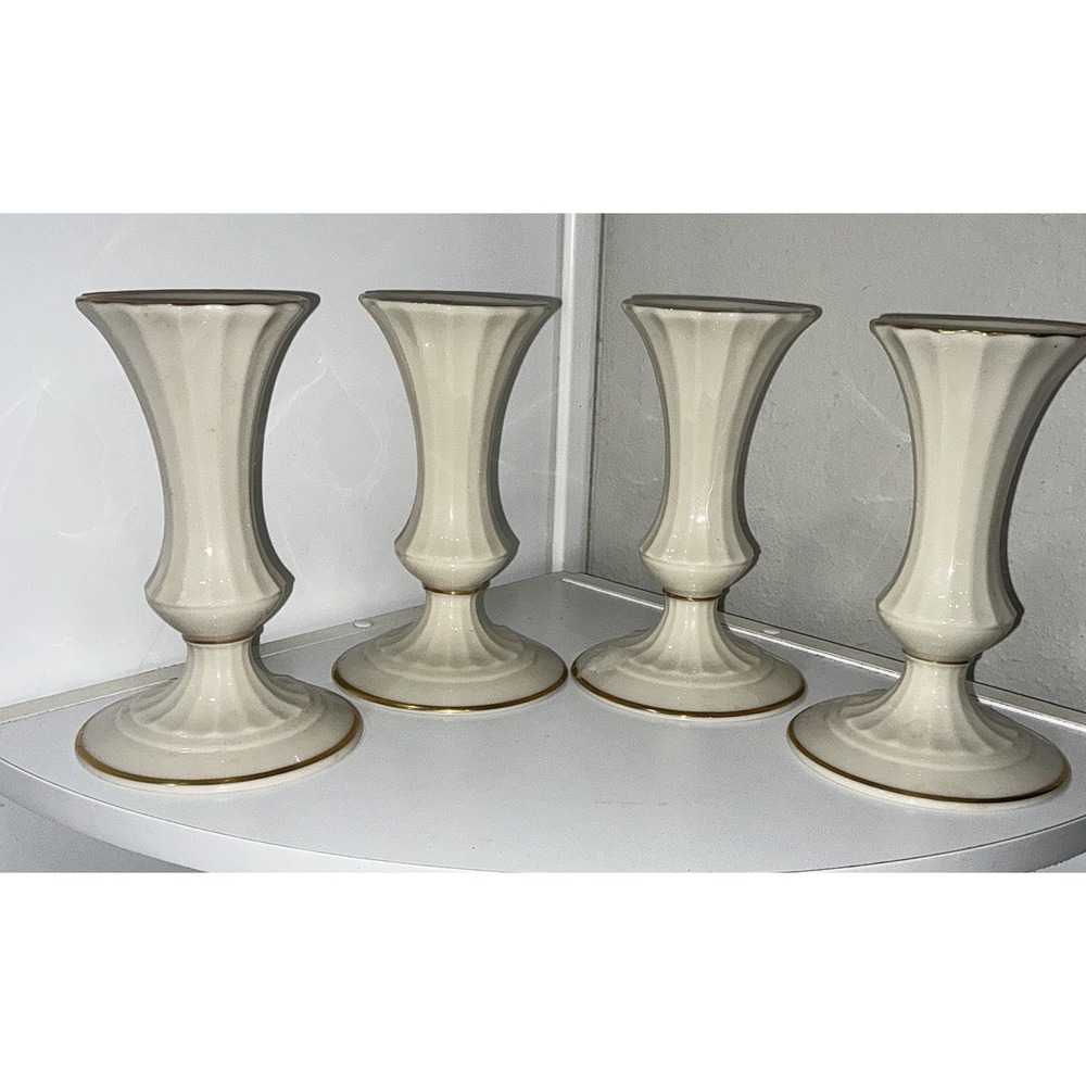 Lenox Ivory Porcelain Candlestick Holders 2 Pair Gold Trim Solid Glossy